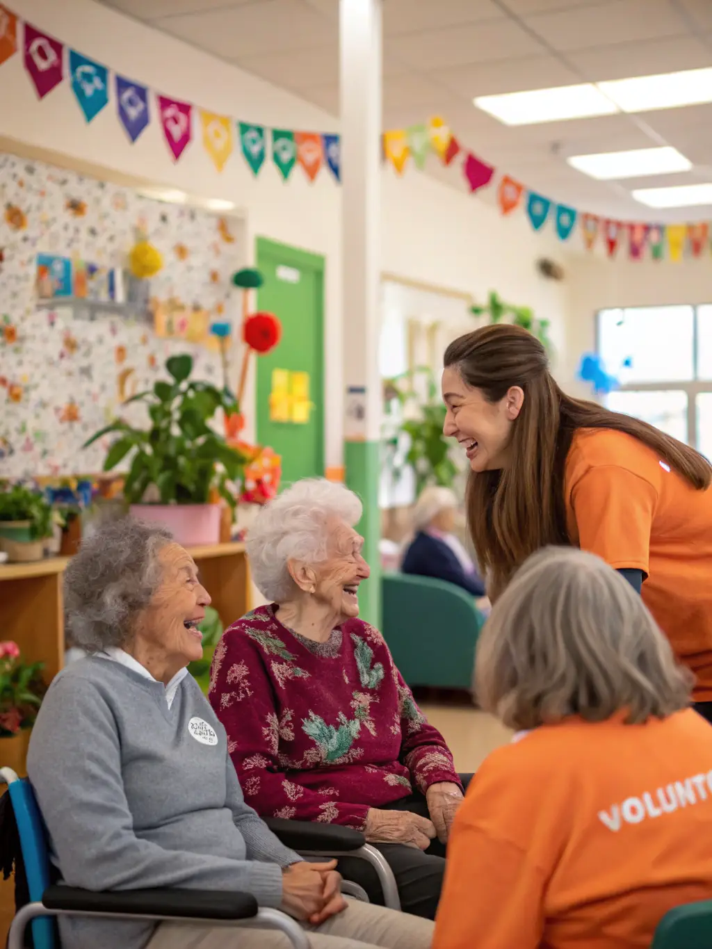 Volunteers assisting elderly community members with technology, demonstrating solidarity and support.