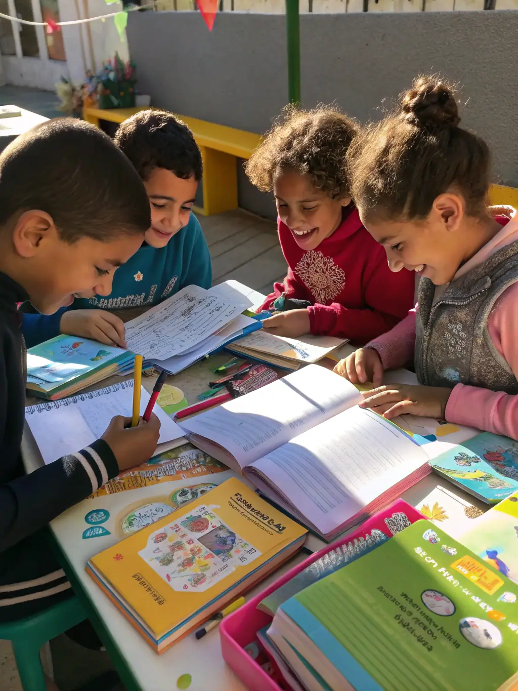 A group of diverse children participating in an interactive learning session, showcasing the educational impact of AMICALE LAIQUE SAINTES.