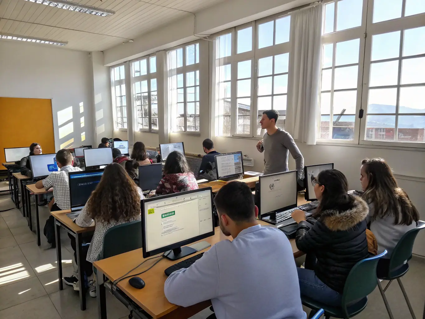 A photograph of adults participating in a computer literacy class at AMICALE LAIQUE SAINTES, highlighting the organization's commitment to lifelong learning and digital inclusion.
