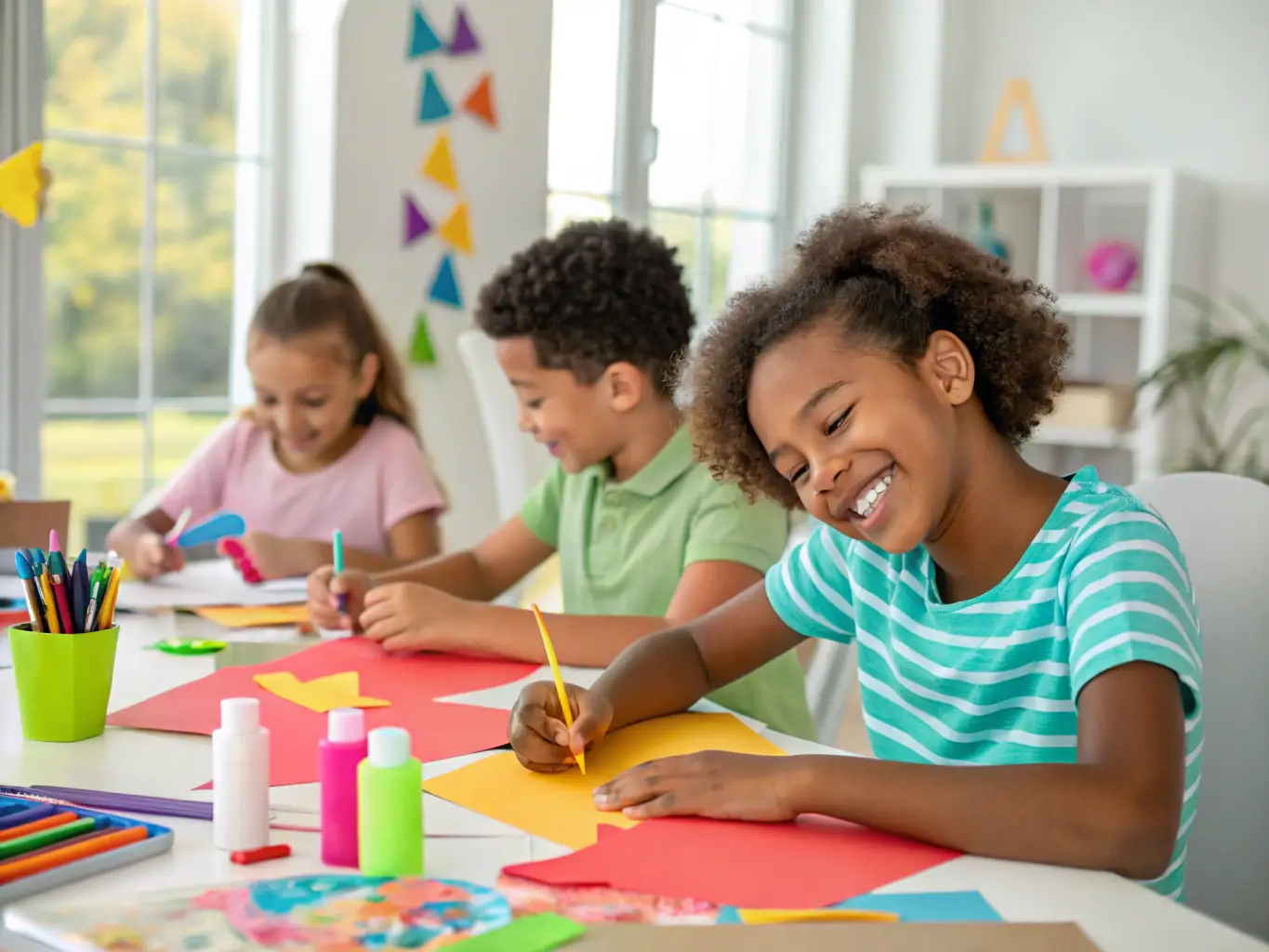 An image of a group of children participating in an arts and crafts workshop, showcasing creativity and engagement in a community setting.