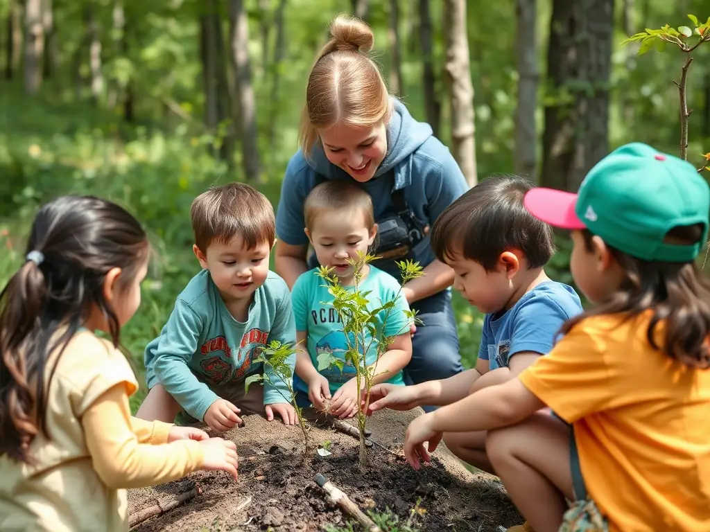 A group of children participating in an outdoor educational activity organized by AMICALE LAIQUE SAINTES, focusing on environmental awareness and sustainability.