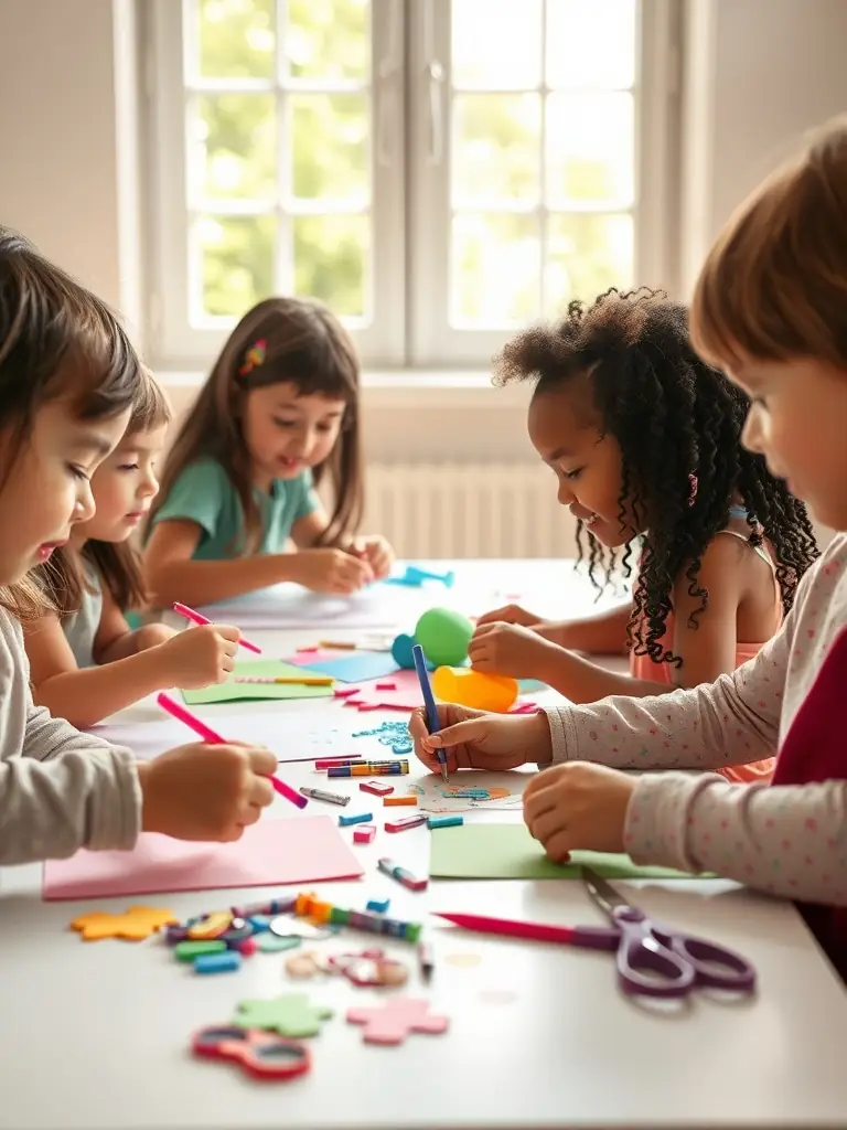 A group of children participating in an arts and crafts workshop at AMICALE LAIQUE SAINTES, showcasing creativity and community engagement.