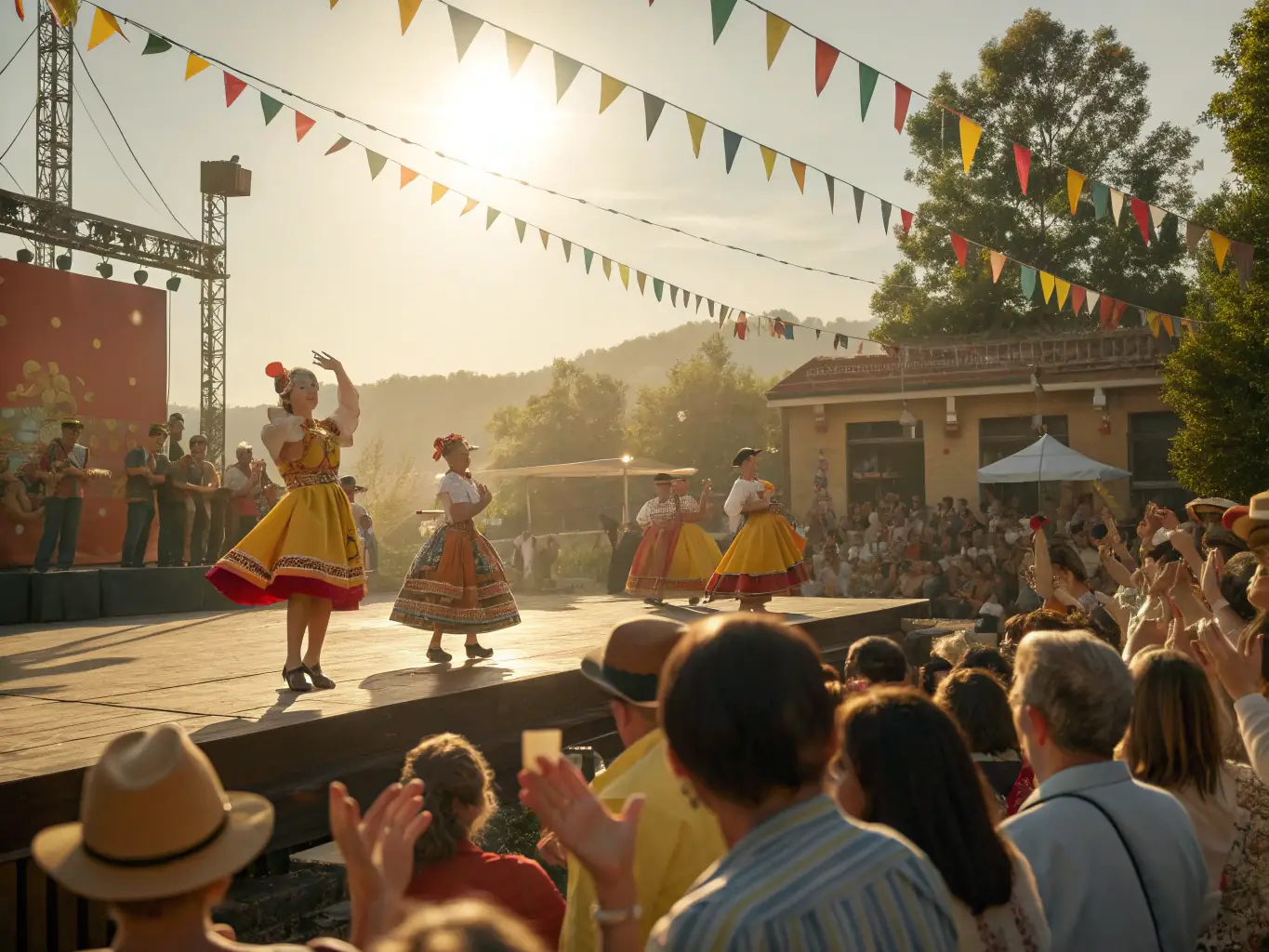 A vibrant image of a community cultural festival with diverse performances and attendees, celebrating cultural exchange and community spirit.
