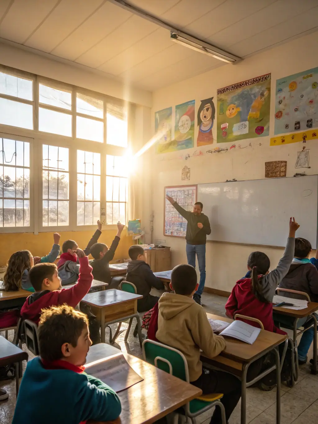A classroom setting where adults are participating in a language learning session, emphasizing lifelong learning and skill development.